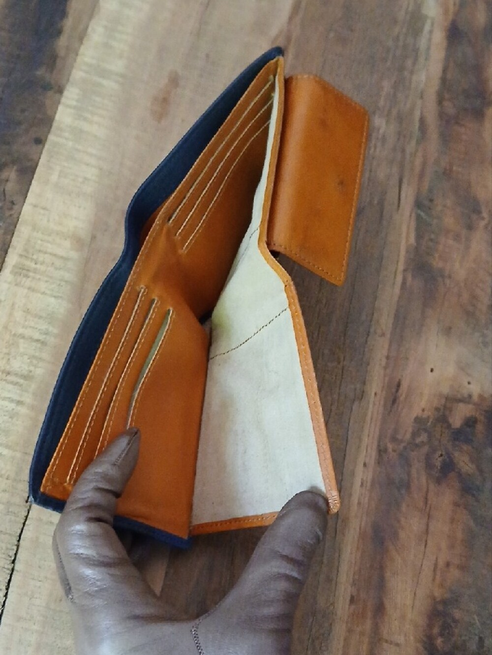 FUJITAKA Blue & Cognac Leather Accessory MULTI-Card Wallet W/ Coinpocket - Picture 7 of 9